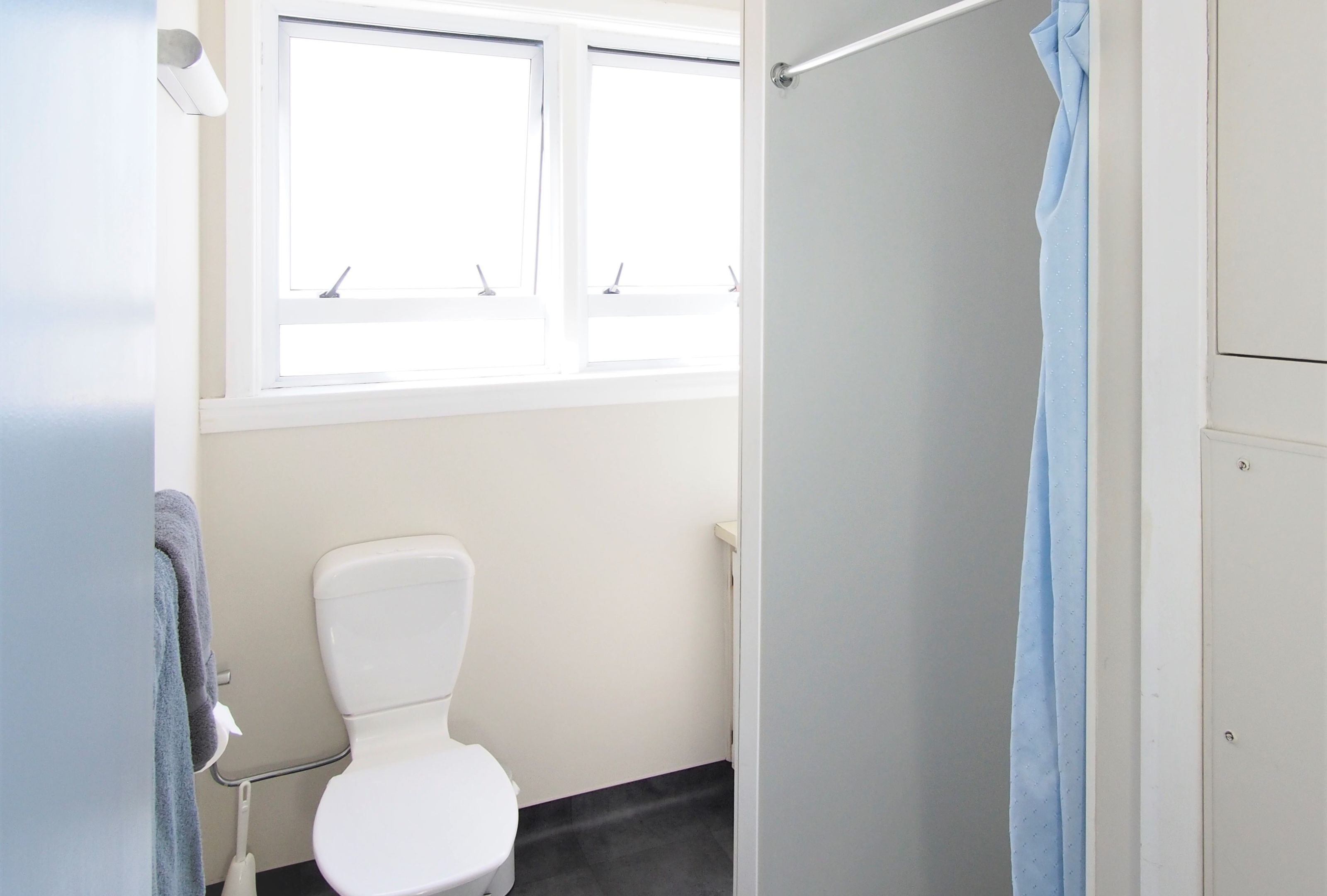 A bathroom with a toilet, a window, and a shower curtain.