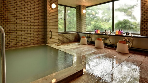 A spa room with a wooden ceiling, brick walls, a large window, and a bathtub. - Hakone Gora Onsen Mizu no Kaori - Hostel (Hakone)