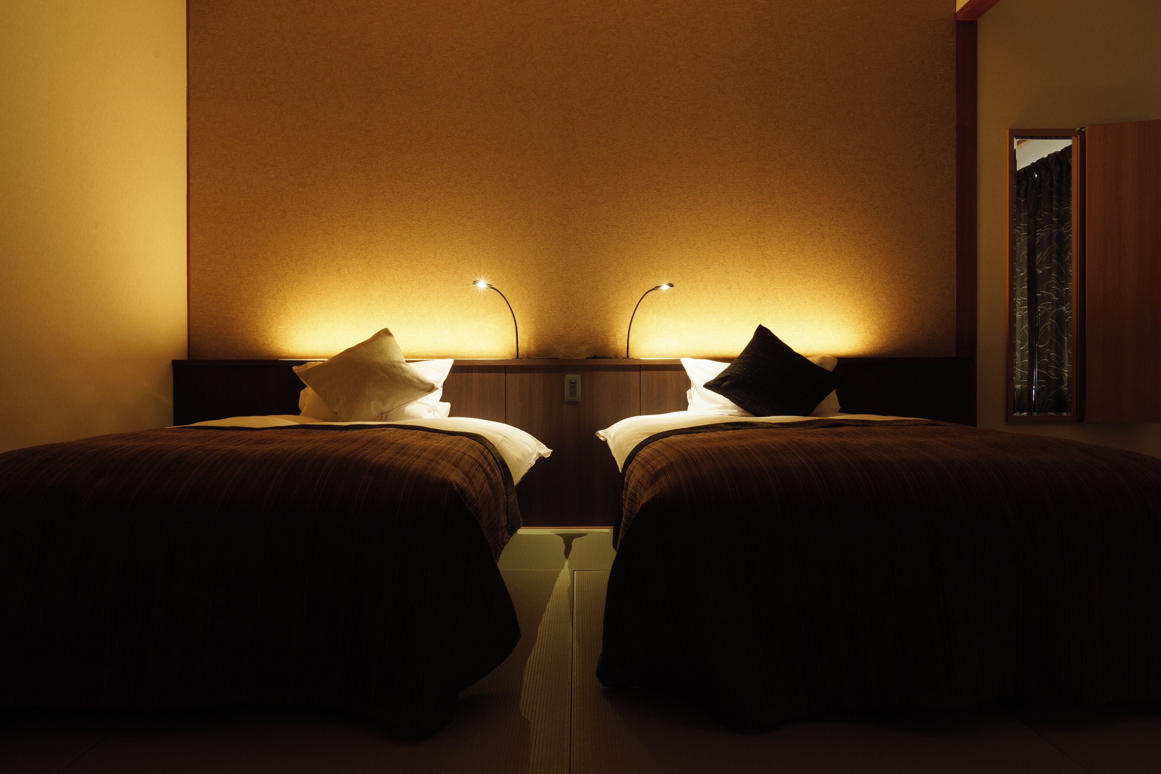 Una habitación de hotel con dos camas, cada una con una almohada y una lámpara.