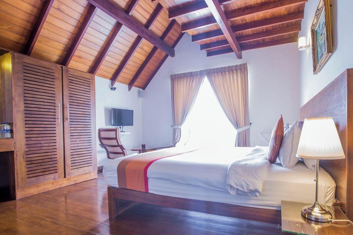 Un dormitorio con techo de madera, una cama con almohadas, una lámpara de noche, un televisor y una ventana con cortinas.