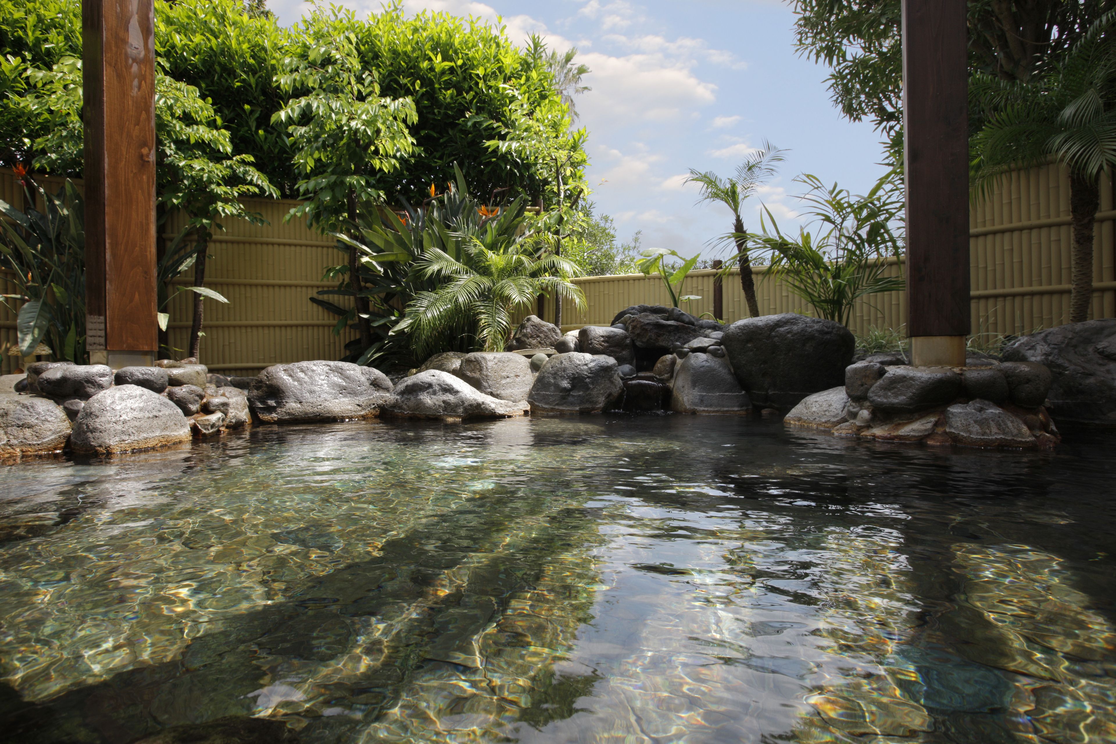 Una fuente de agua cristalina con rocas y plantas tropicales.