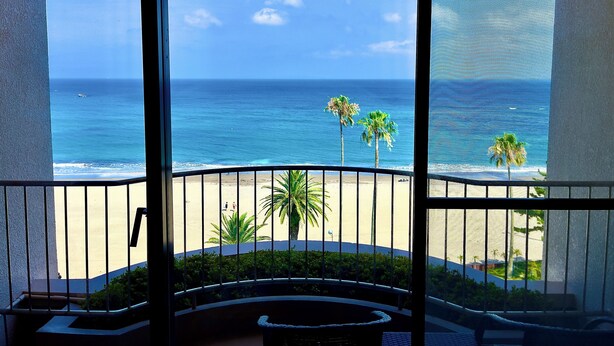 A balcony with a view of the ocean and beach, featuring palm trees and a clear sky.