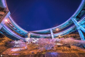 Une structure de pont à plusieurs niveaux, illuminée de lumières bleues, se dressant sur un ciel nocturne.