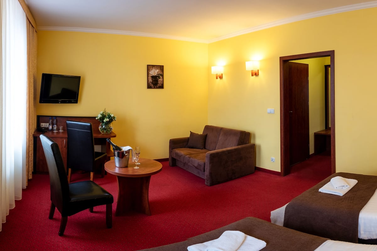 Une chambre d’hôtel avec un tapis rouge, un canapé, un fauteuil, une petite table avec un vase et des verres, une télévision et deux lits avec des serviettes.