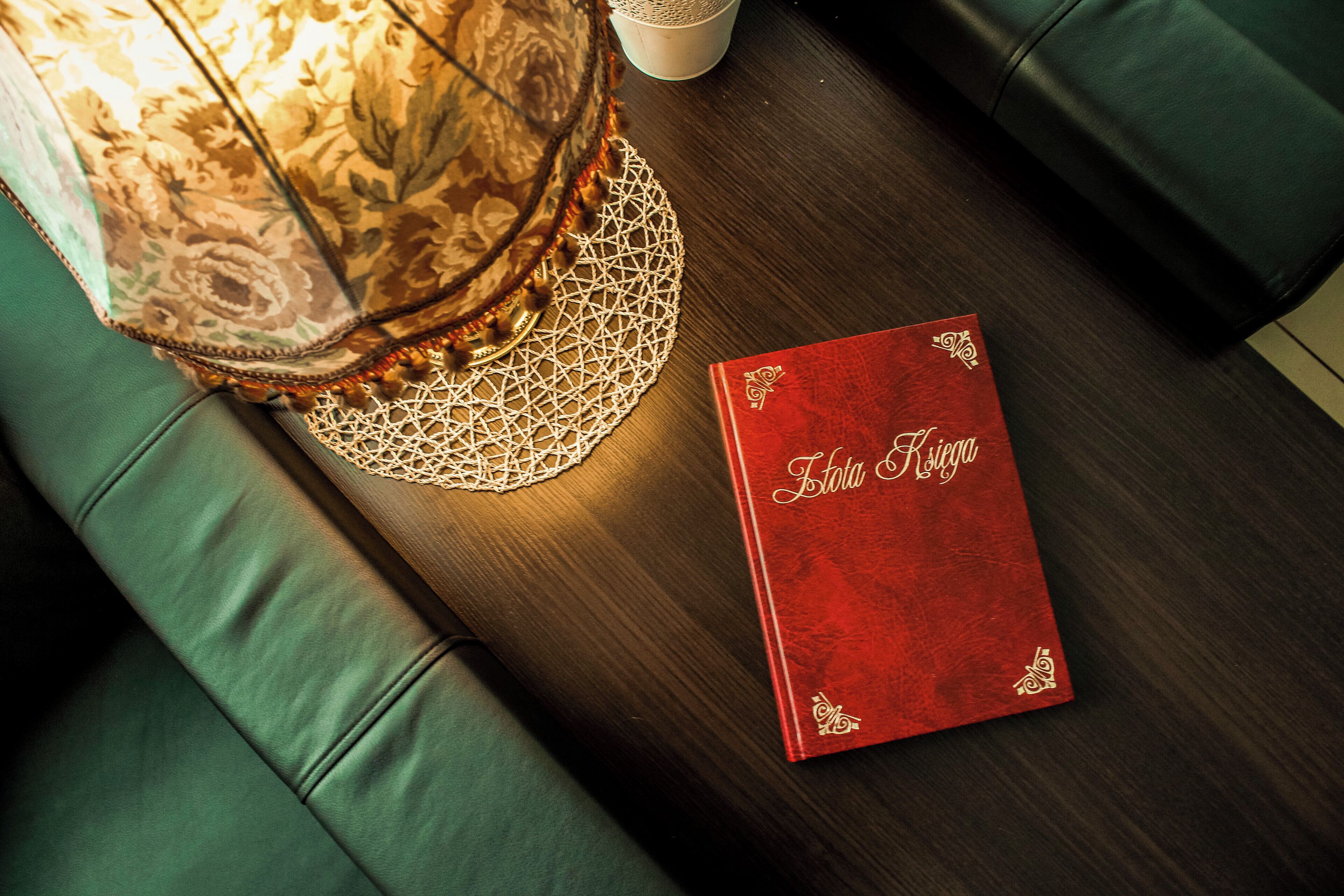 A red book titled "Lotta Reyes" on a wooden table next to a green couch and a decorative lamp.