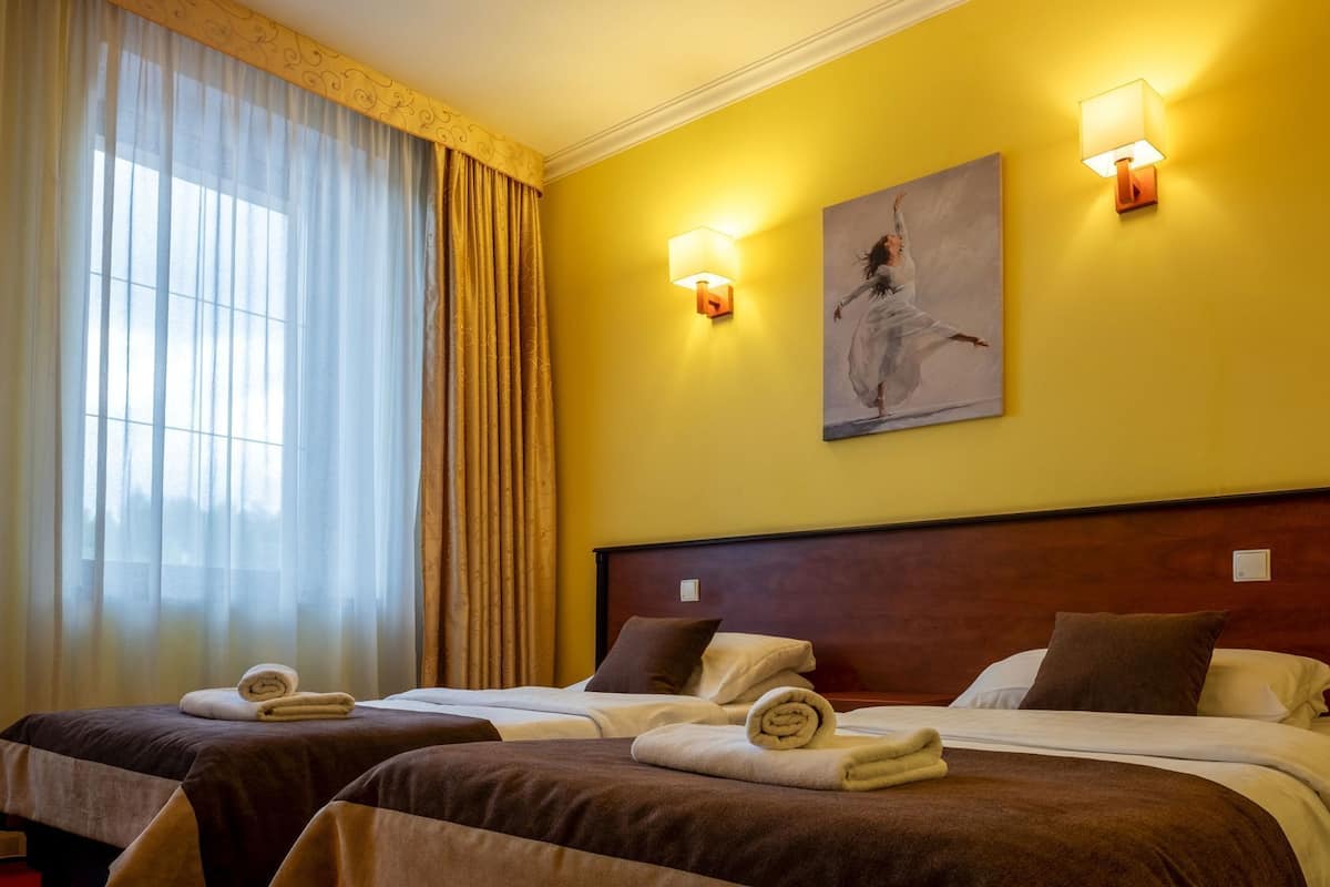 Une chambre d’hôtel avec deux lits, un tableau au mur et une fenêtre avec des rideaux.