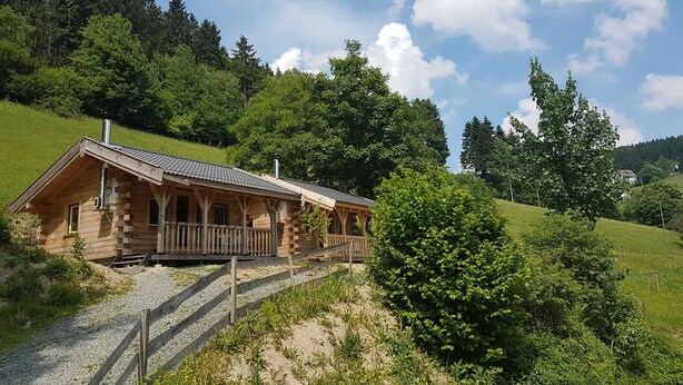 A wooden cabin with a balcony, surrounded by lush greenery and trees.