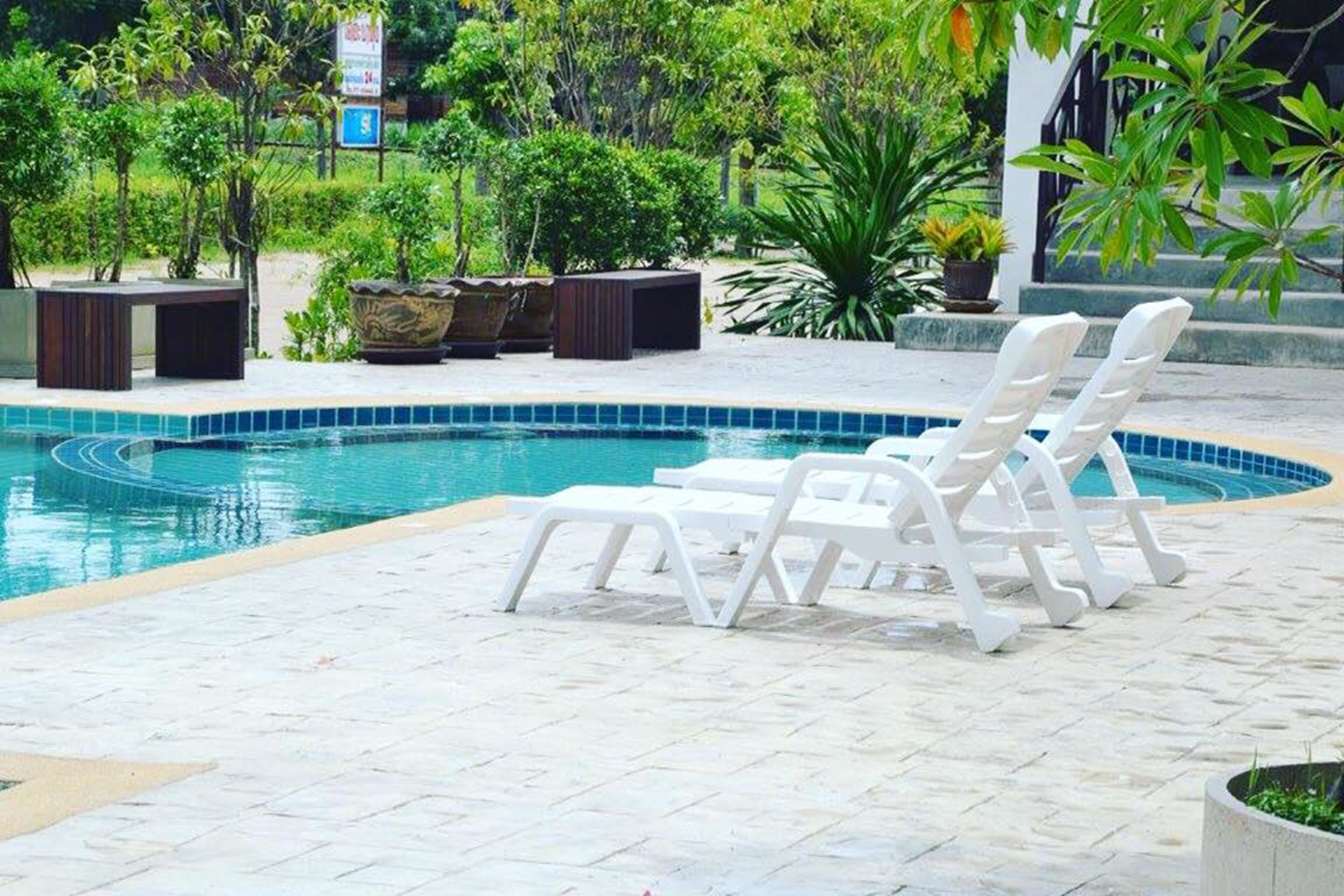 outdoor pool, pool loungers
