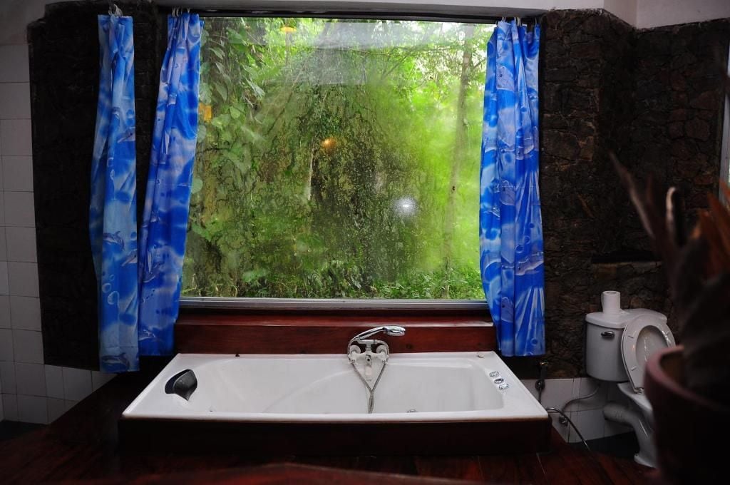 Un baño con bañera, una ventana con cortinas y un inodoro.