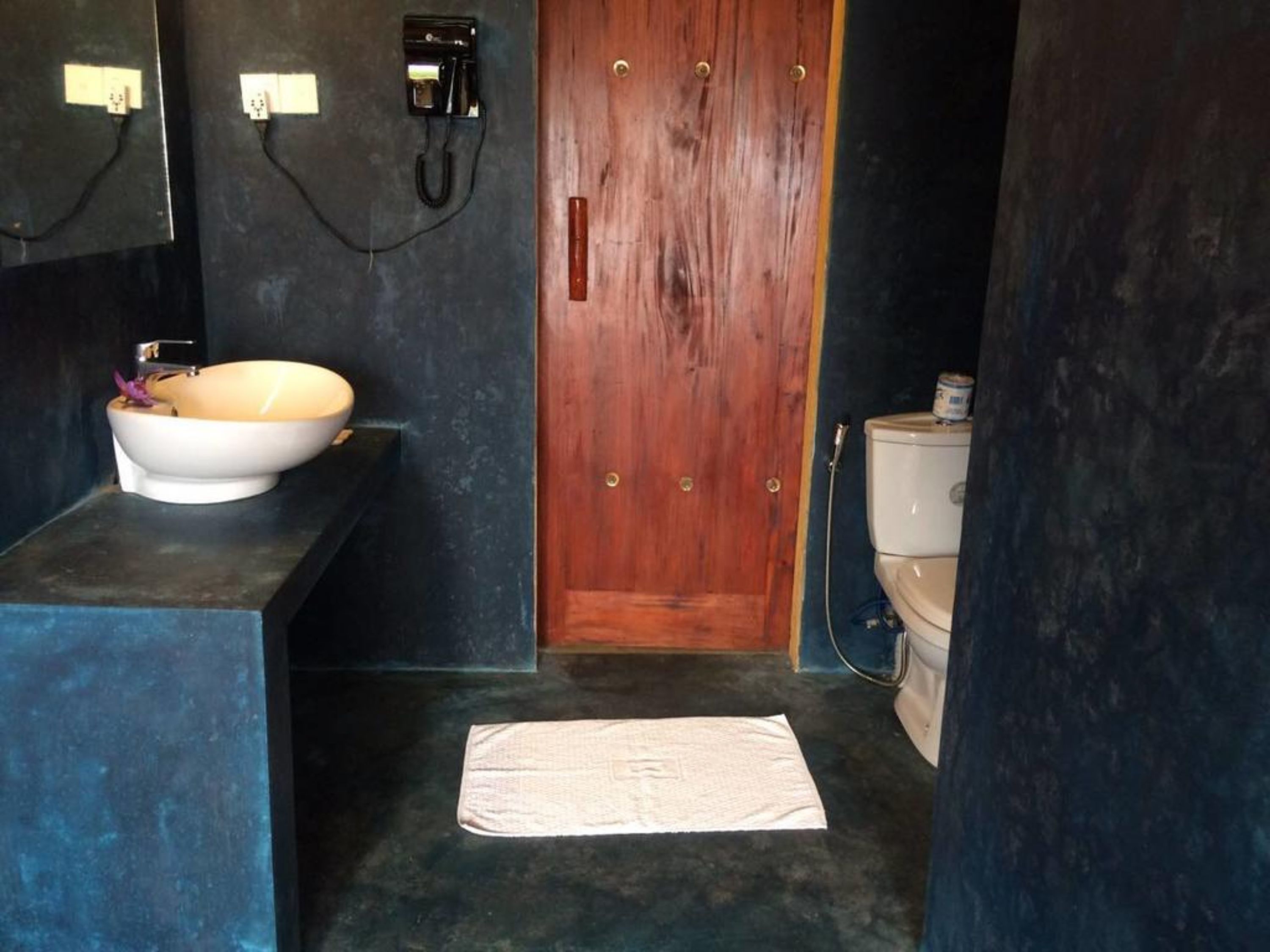 A bathroom with a white sink, a wooden door, and a toilet.