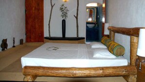 Een kamer met een houten bed, een houten hoofdeinde, een spiegel en een deur.