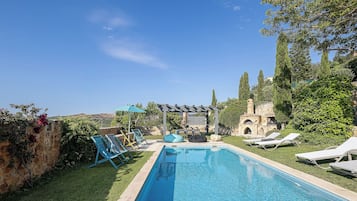Outdoor pool, pool umbrellas, pool loungers