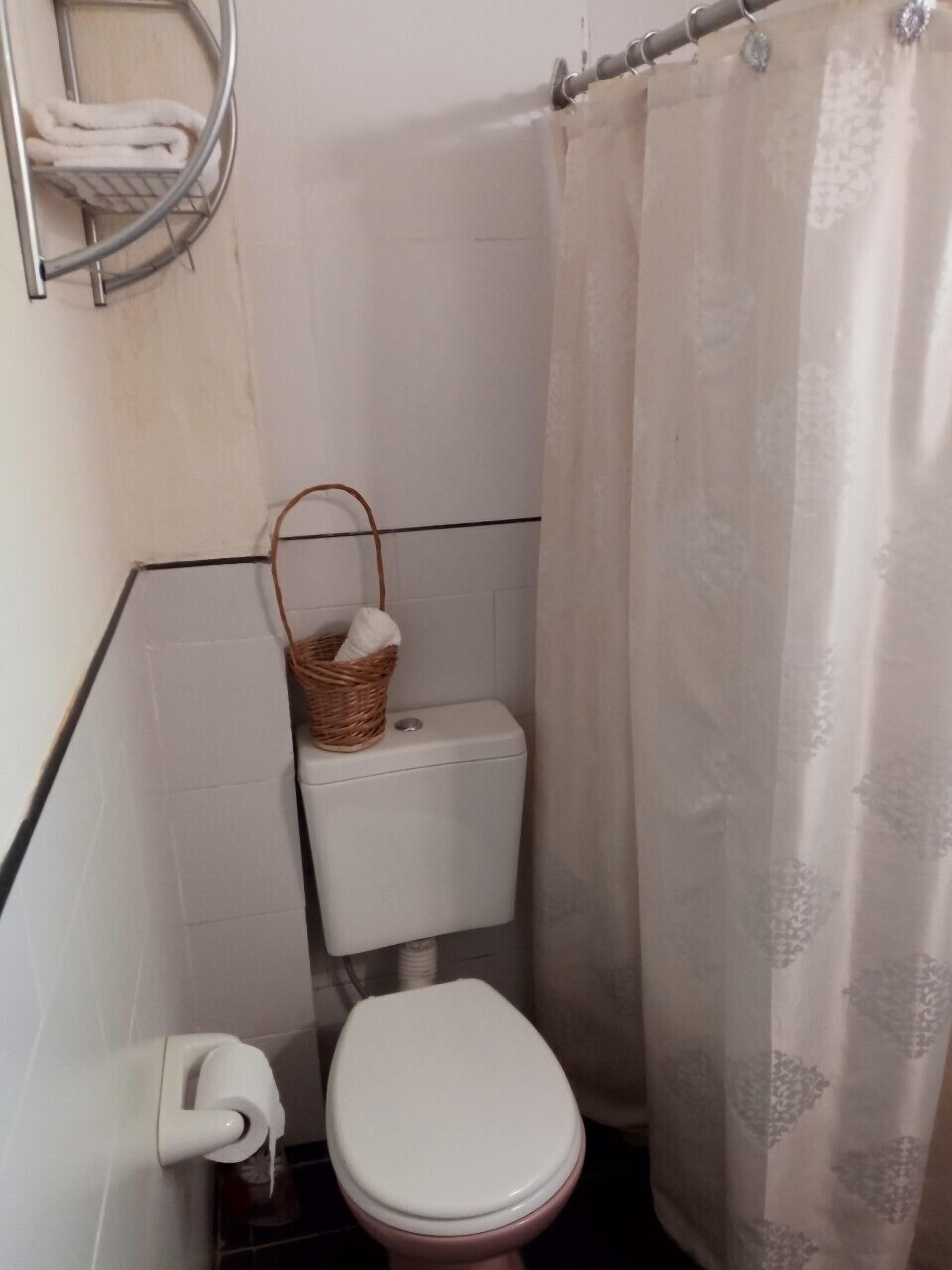 Un baño con inodoro, toallero y cortina de ducha.