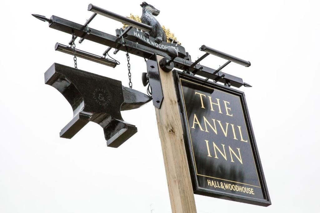 A sign for 'The Anvil Inn' with a bear figure and a hammer.
