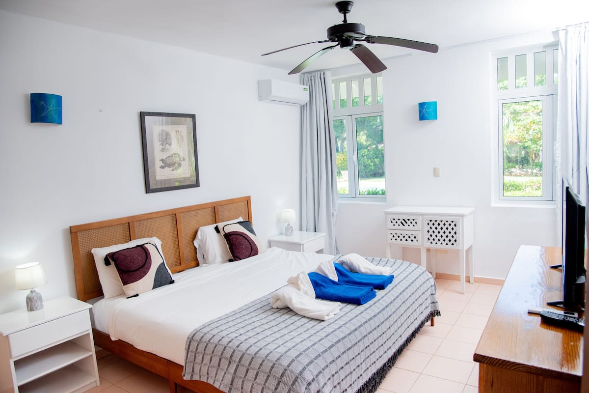 A hotel room with a bed, a ceiling fan, a window with curtains, a desk with a computer, and a wall-mounted air conditioner.