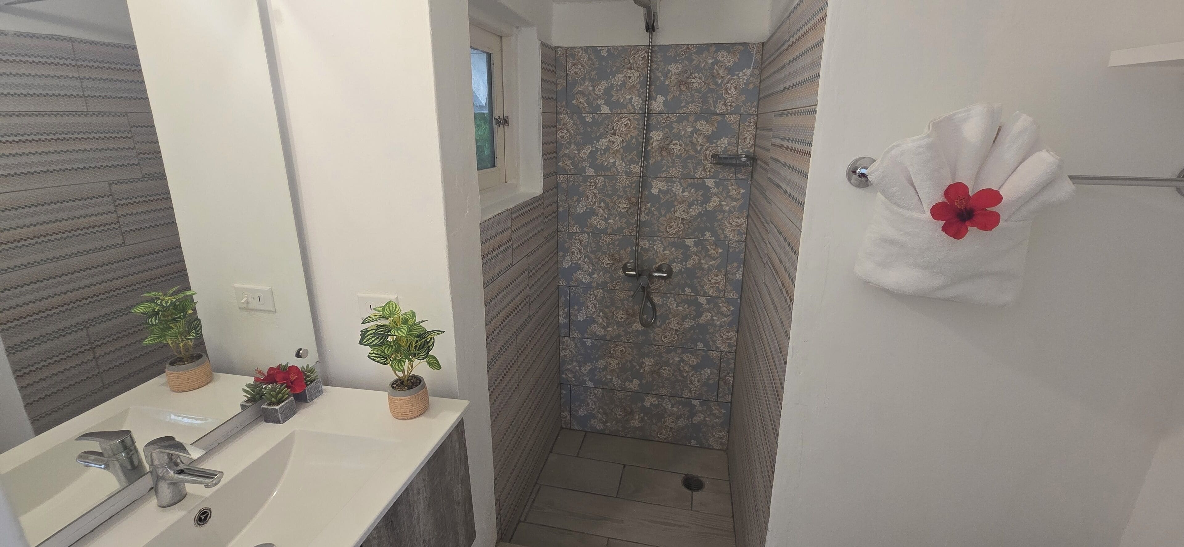 Een badkamer met een douche, een wastafel en twee potplanten.