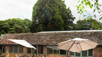 A brick building with a thatched roof, outdoor seating with umbrellas, and a large tree in the background.