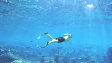 Un buceador nada en aguas azules cristalinas con un arrecife de coral abajo.