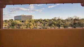 A view from a covered area with a building in the background, surrounded by trees and shrubs. - Heart of Tucson By Signature Vacation Rentals (Tucson)