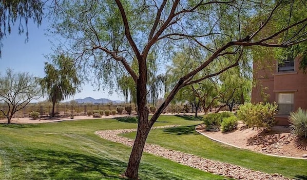 A landscaped garden with a variety of trees and shrubs, a well-maintained lawn, and a distant mountain range.