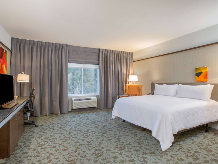 Une chambre d’hôtel comprenant un lit, un bureau avec un ordinateur, une chaise, une fenêtre avec des rideaux et un téléviseur fixé au mur.