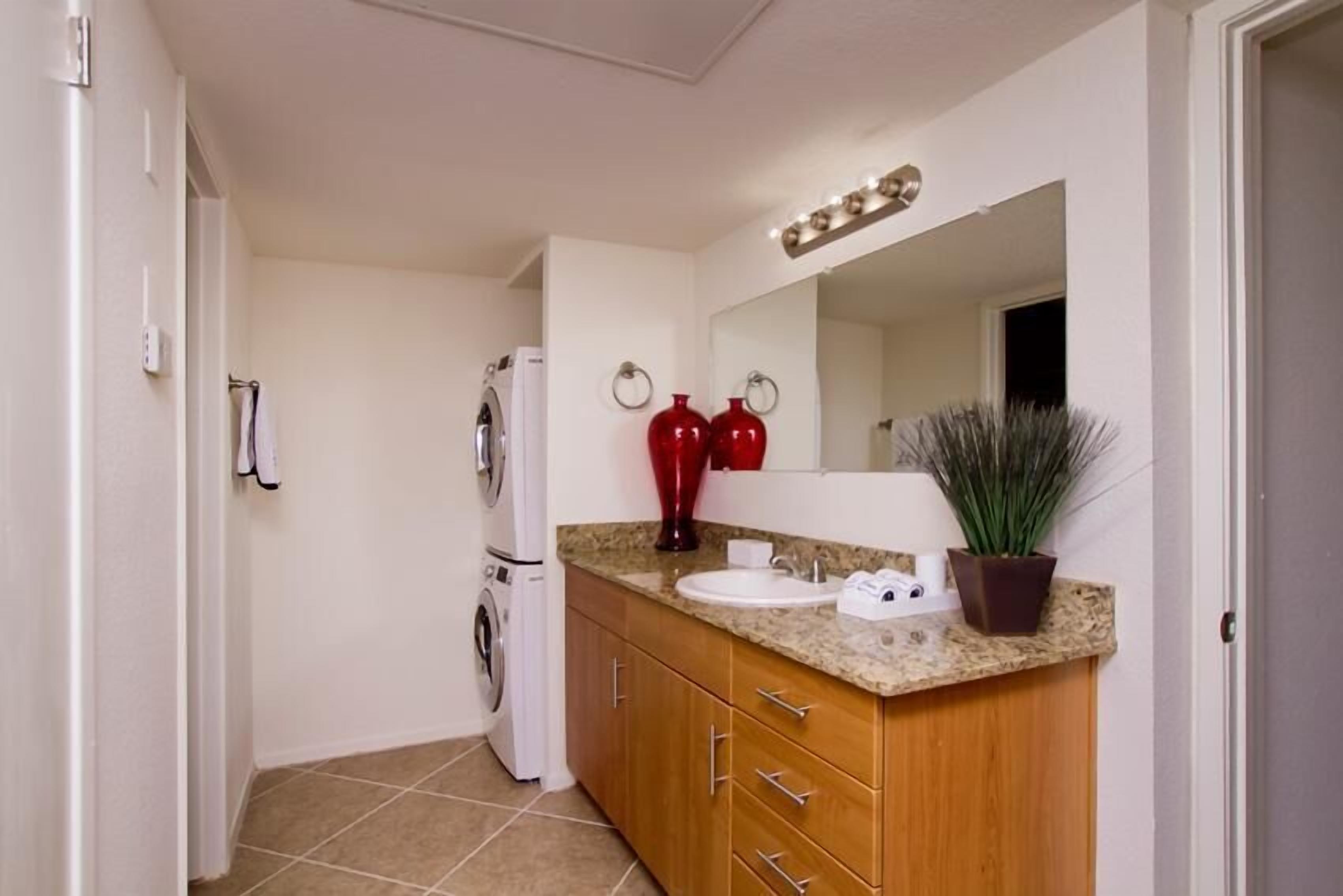 A compact bathroom with a sink, mirror, and a small potted plant.