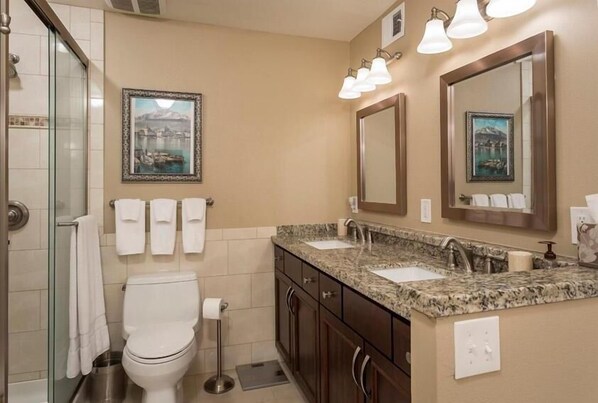 Une salle de bain avec une douche à parois de verre, des toilettes, un lavabo avec un plan de toilette en marbre et deux miroirs.