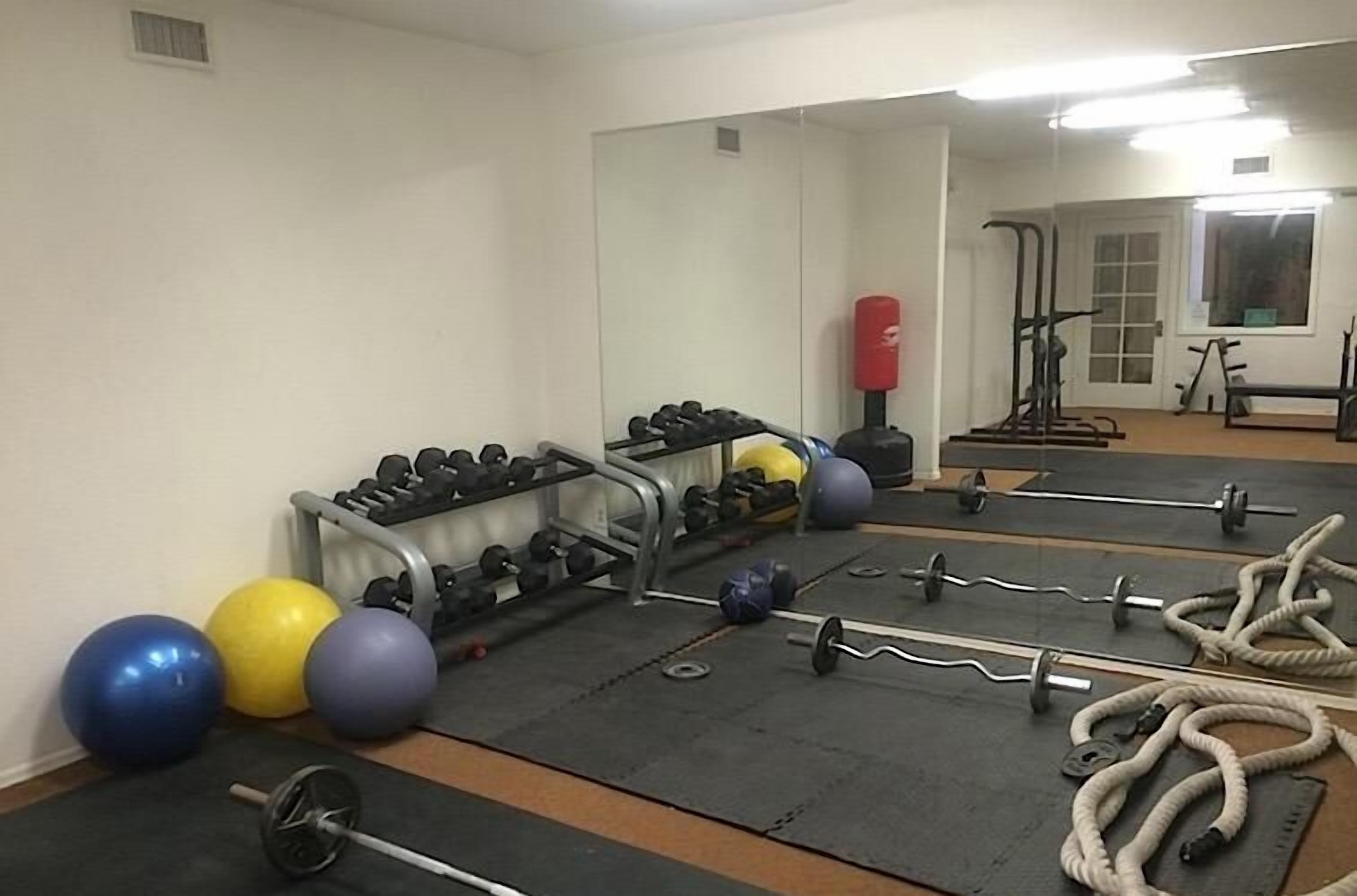 A gym with exercise equipment, including dumbbells, barbells, and exercise balls.