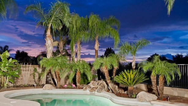 A swimming pool with palm trees and a stone wall. - Augusta On The Green by Signature Vacation Rentals (Mesa)