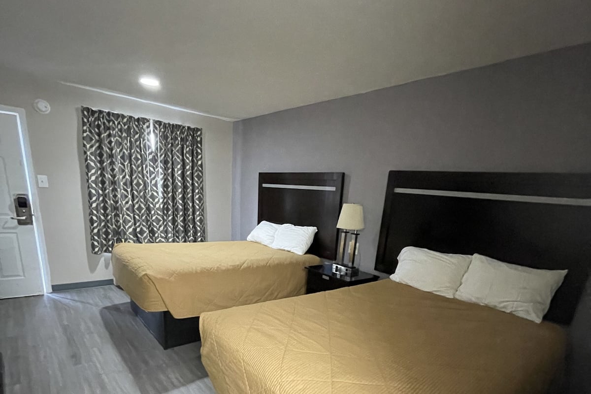 A hotel room with two beds, a nightstand, a lamp, and a patterned curtain.