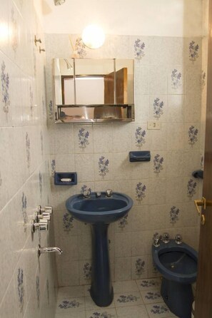 A bathroom with a pedestal sink, a mirror above it, and a bidet to the right. - Posada del Centro (Villa General Belgrano)