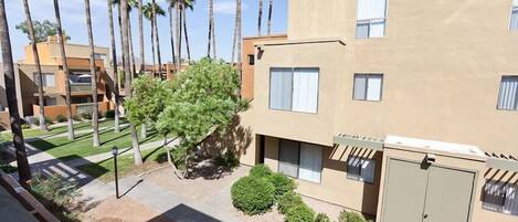 A modern building with a flat roof, multiple windows, and a small garden area with palm trees and shrubs.