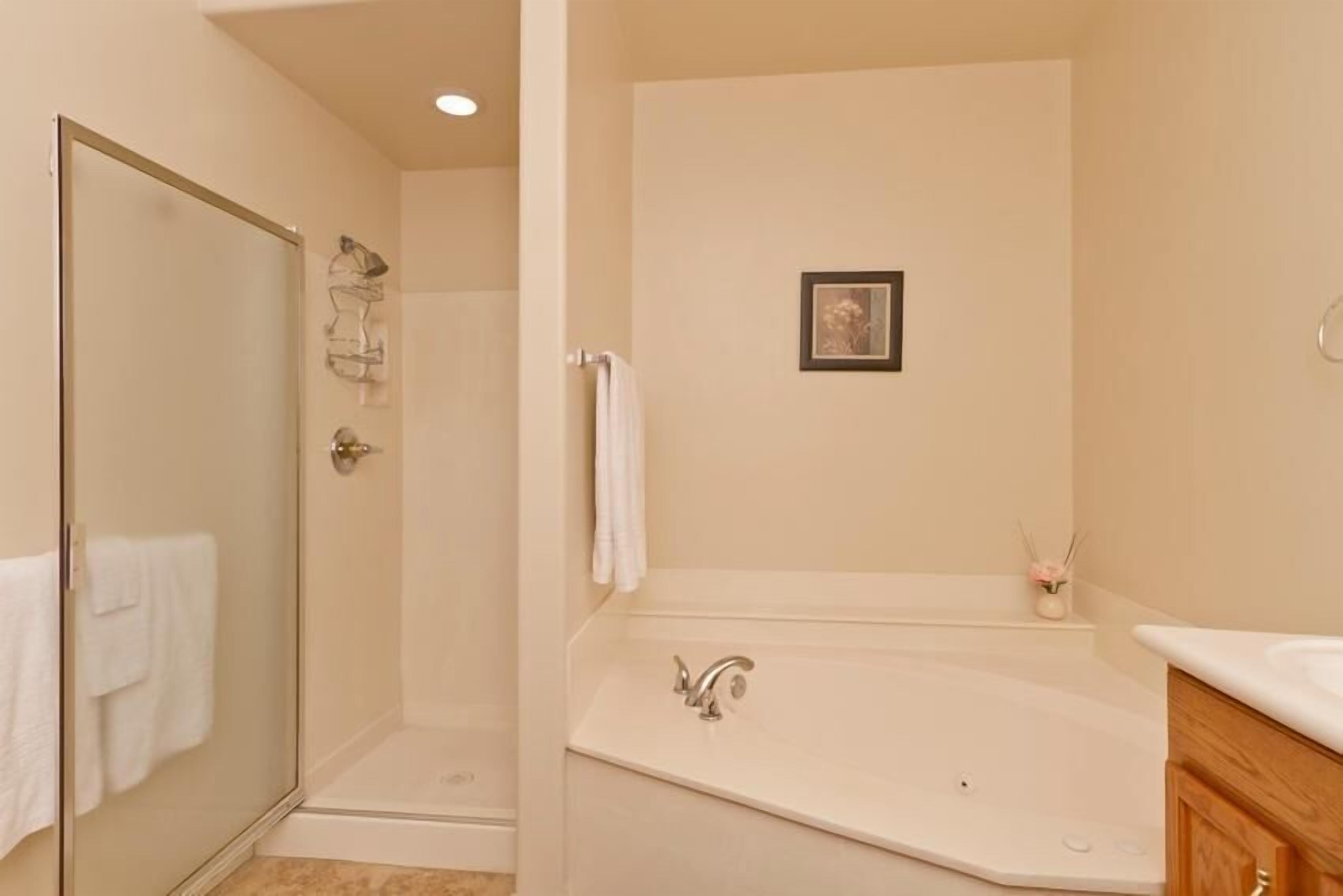 A bathroom with a glass shower enclosure, a bathtub with a single faucet, and a small framed picture on the wall.