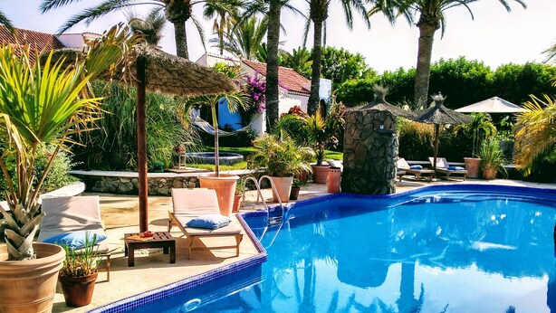 Une piscine avec des chaises longues et des plantes en pot.
