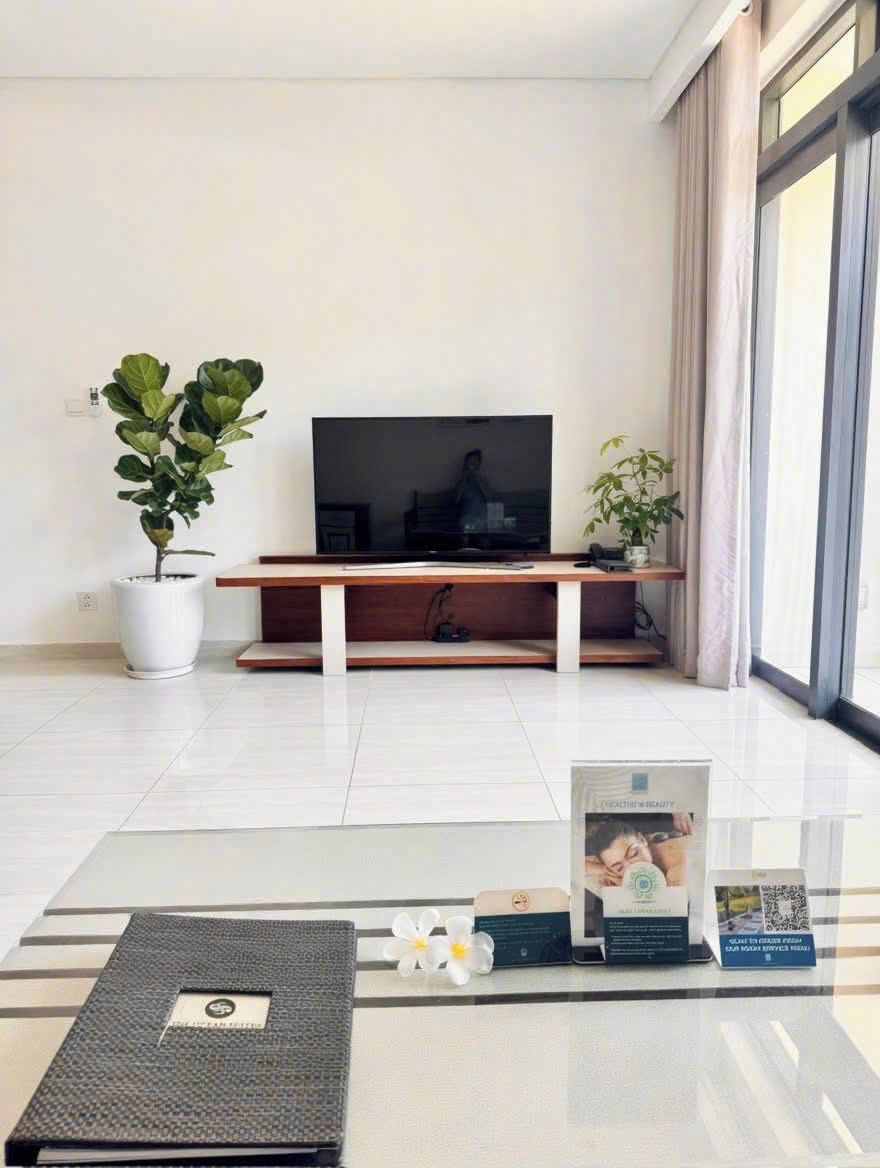 Una sala de estar moderna con un televisor de pantalla plana, dos plantas en macetas, una mesa de centro de vidrio con una revista y una tarjeta, y un ventanal con cortinas.