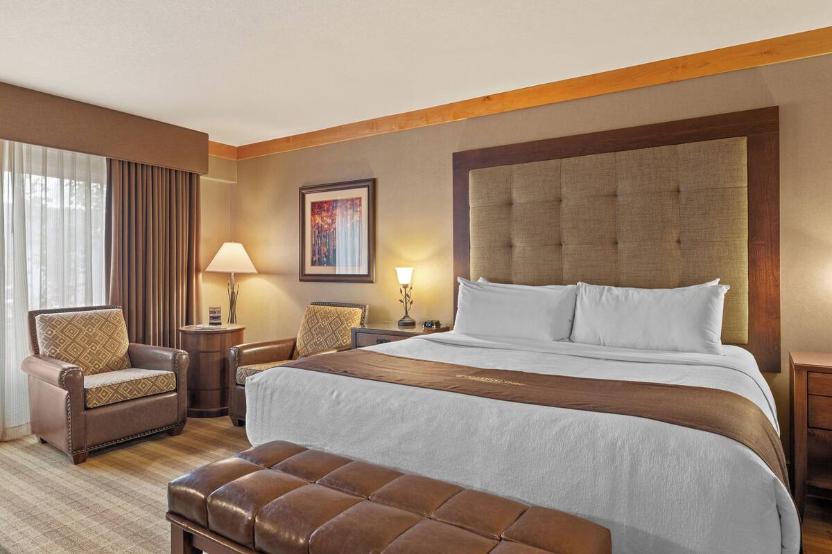 A hotel room with a large bed, a sitting area with a chair and a bench, a nightstand with a lamp, and a framed picture on the wall.