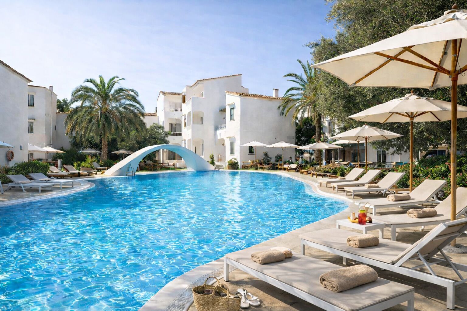 Outdoor pool, pool umbrellas, sun loungers