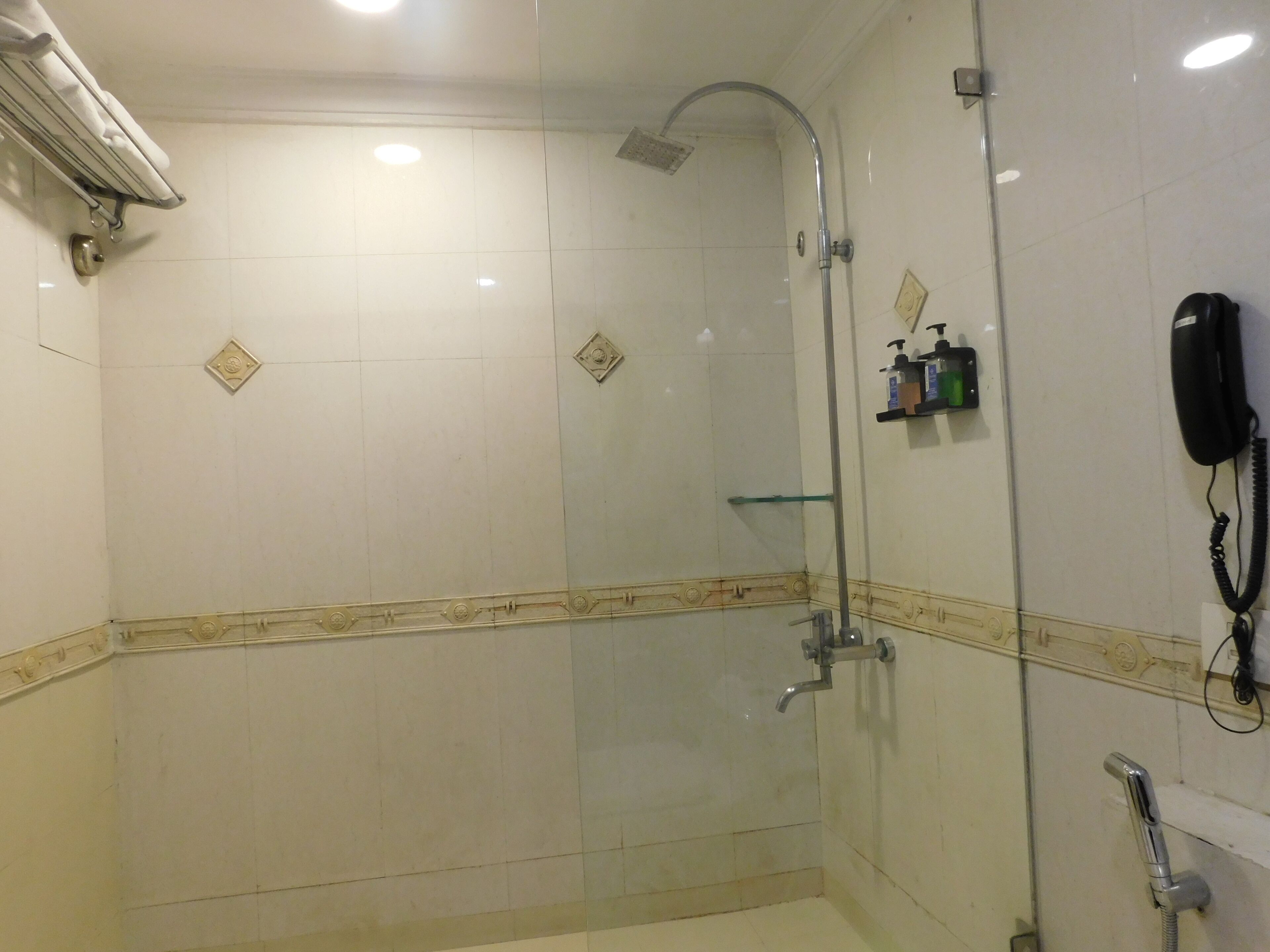 A glass-enclosed shower with a handheld showerhead, a wall-mounted telephone, and a shelf with toiletries.