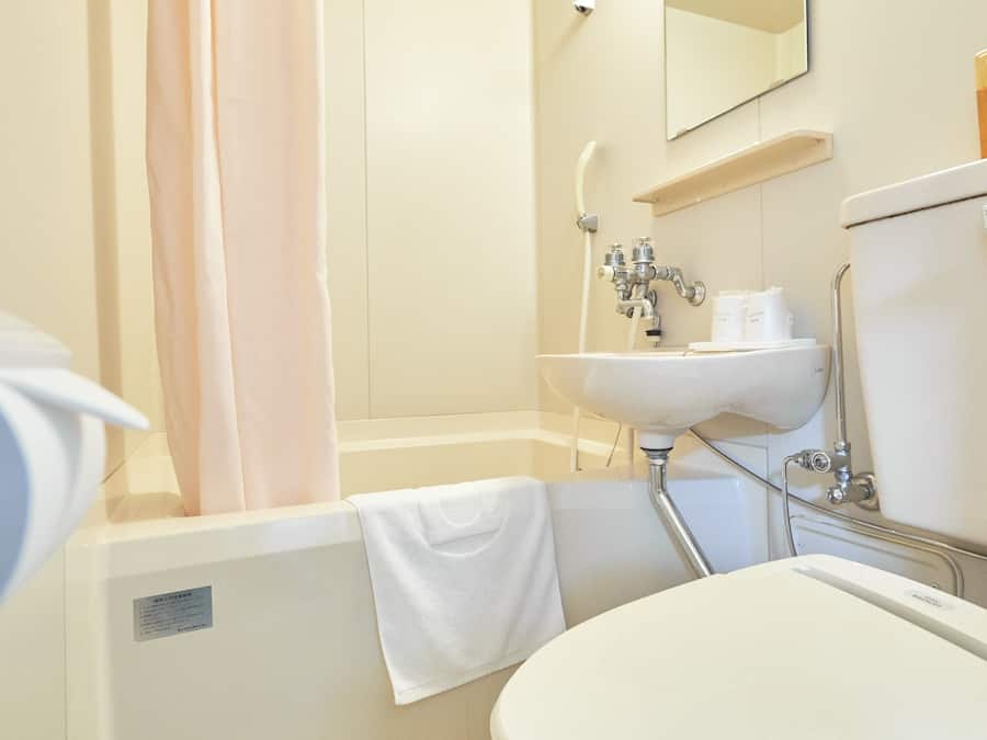 Combined shower/tub, free toiletries, hair dryer, slippers