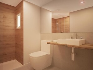 A modern bathroom with a wooden accent wall, a white toilet, a shower with a glass enclosure, and a vanity with a mirror. - Dynamic Hotels Caldetes Barcelona (Arenys de Munt)