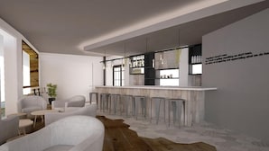 A modern interior with a bar area, seating, and a large window.