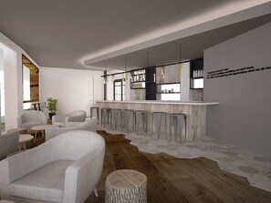 A modern interior with a bar area, seating, and a large window. - Dynamic Hotels Caldetes Barcelona (Arenys de Munt)