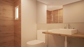 Ein modernes Badezimmer mit einer Wand in Holzoptik, einer weißen Toilette, einer Dusche mit Glastrennwand und einem Waschtisch mit Spiegel.