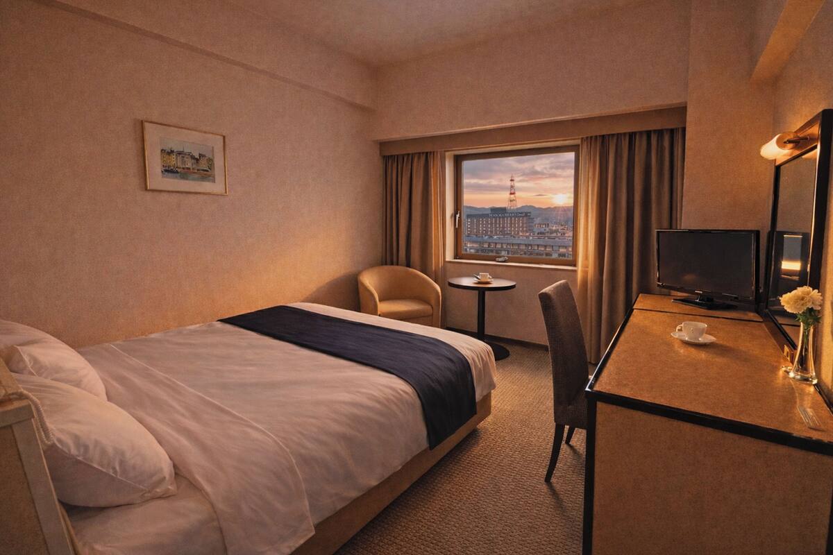 A hotel room with a bed, a desk with a television, a chair, a small table, and a window with a cityscape view.