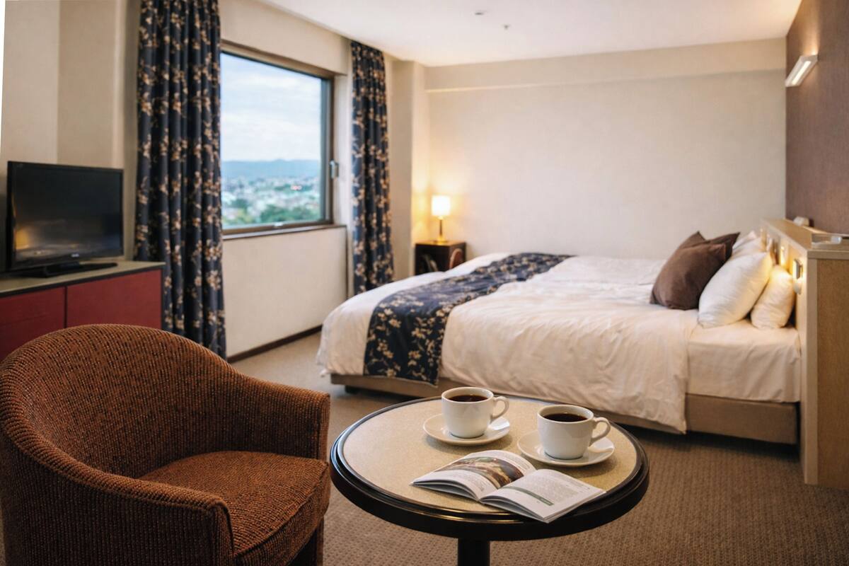 A hotel room with a bed, a TV, a chair, a table with cups and a book, and a window with curtains.