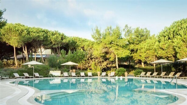 A pool with lounge chairs and umbrellas, surrounded by trees. - Is Arenas Resort (Narbolia)
