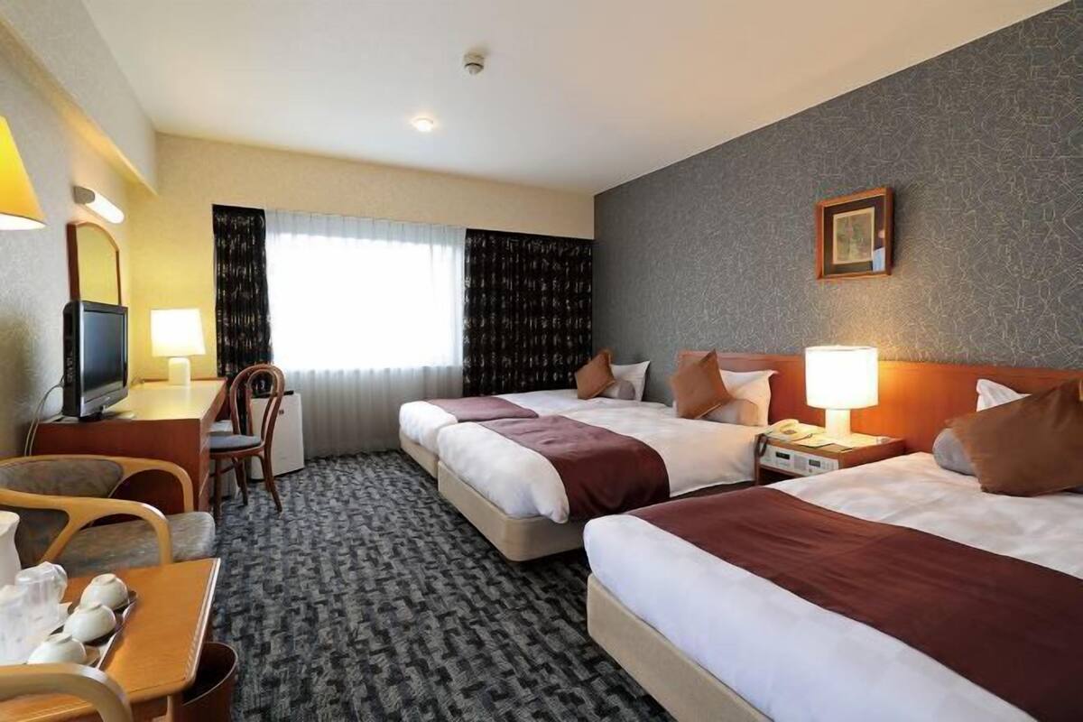Hotelkamer met twee bedden, een bureau met stoel, een televisie, een telefoon en een raam met gordijnen.