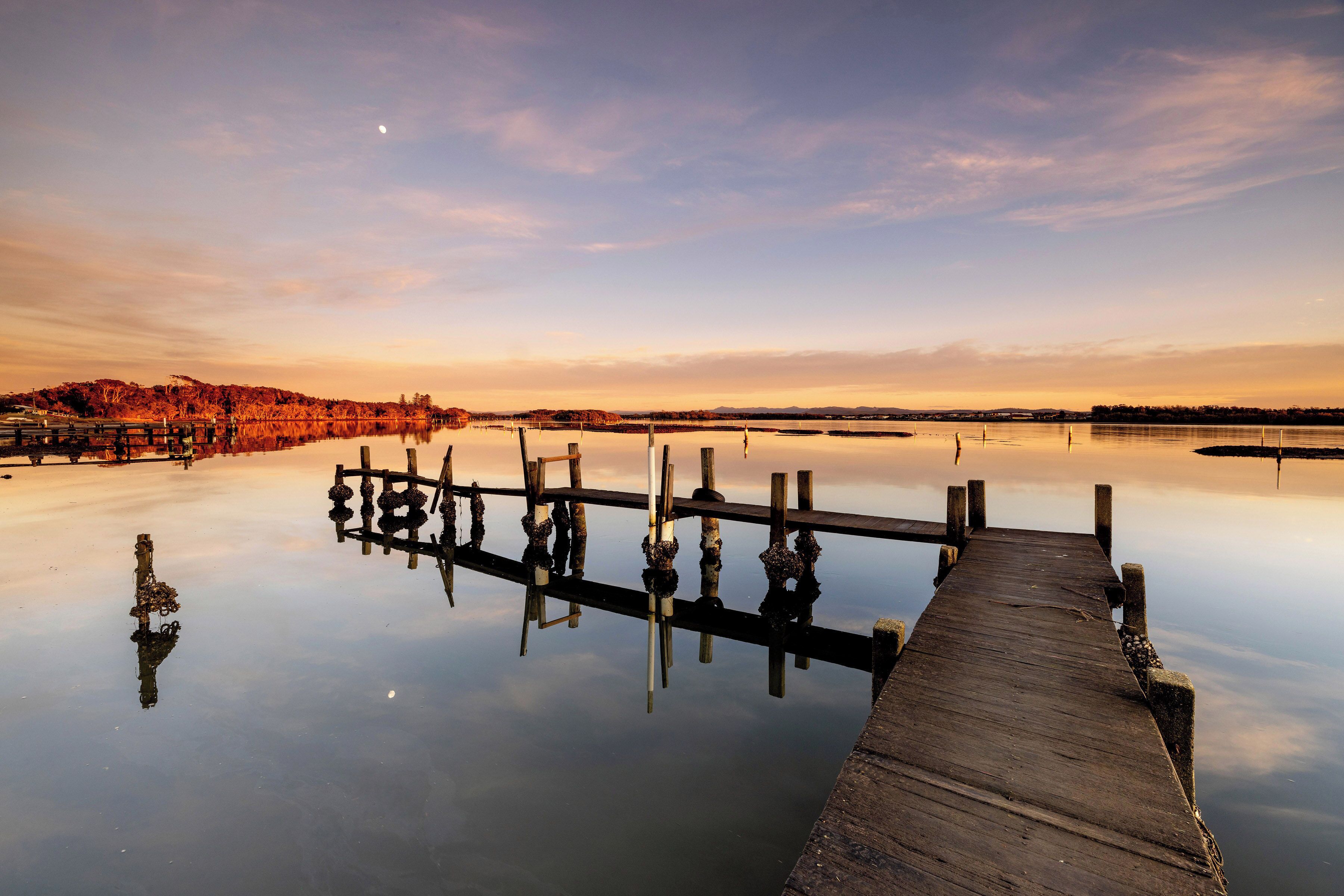 Un muelle de madera se extiende sobre aguas tranquilas, con un cielo despejado y tierra a lo lejos.