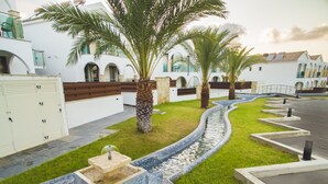 Une cour intérieure agrémentée de palmiers, d’un élément décoratif aquatique et d’un bâtiment blanc orné d’arcades.
