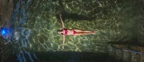 Indoor pool, outdoor pool, pool umbrellas, pool loungers